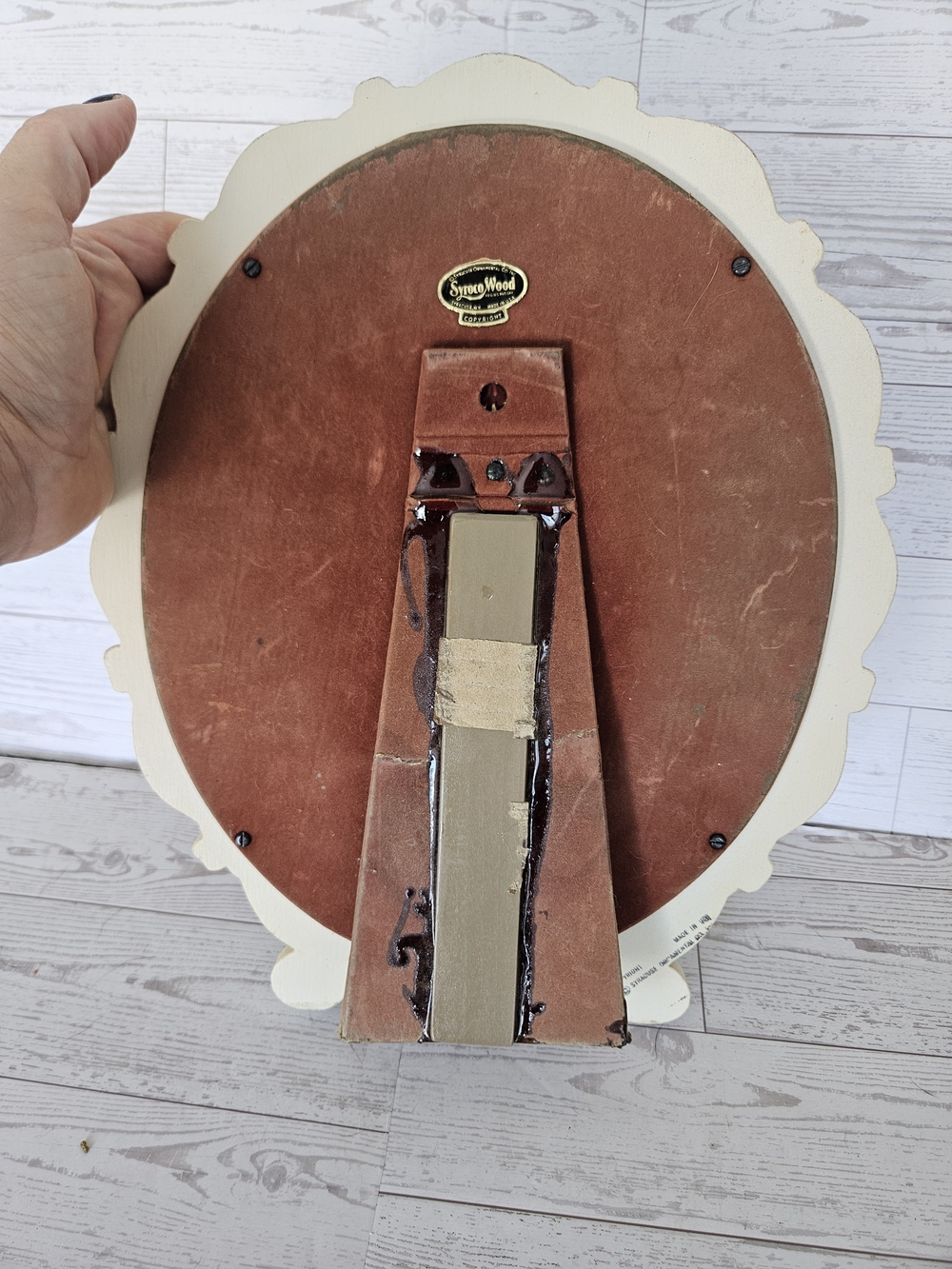 Vintage 1940s Syroco Wood Tabletop Vanity Mirror - Cream Shabby Chic Bow Oval - Picture 5 of 9